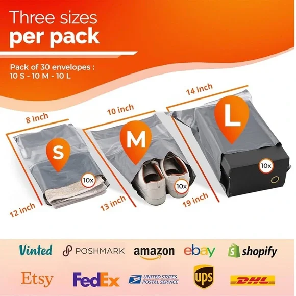 3 Sizes incl. 8x12, poly mailers 10x13 & 14x19 Poly Mailers (30 Pack) NEW - Picture 2 of 9